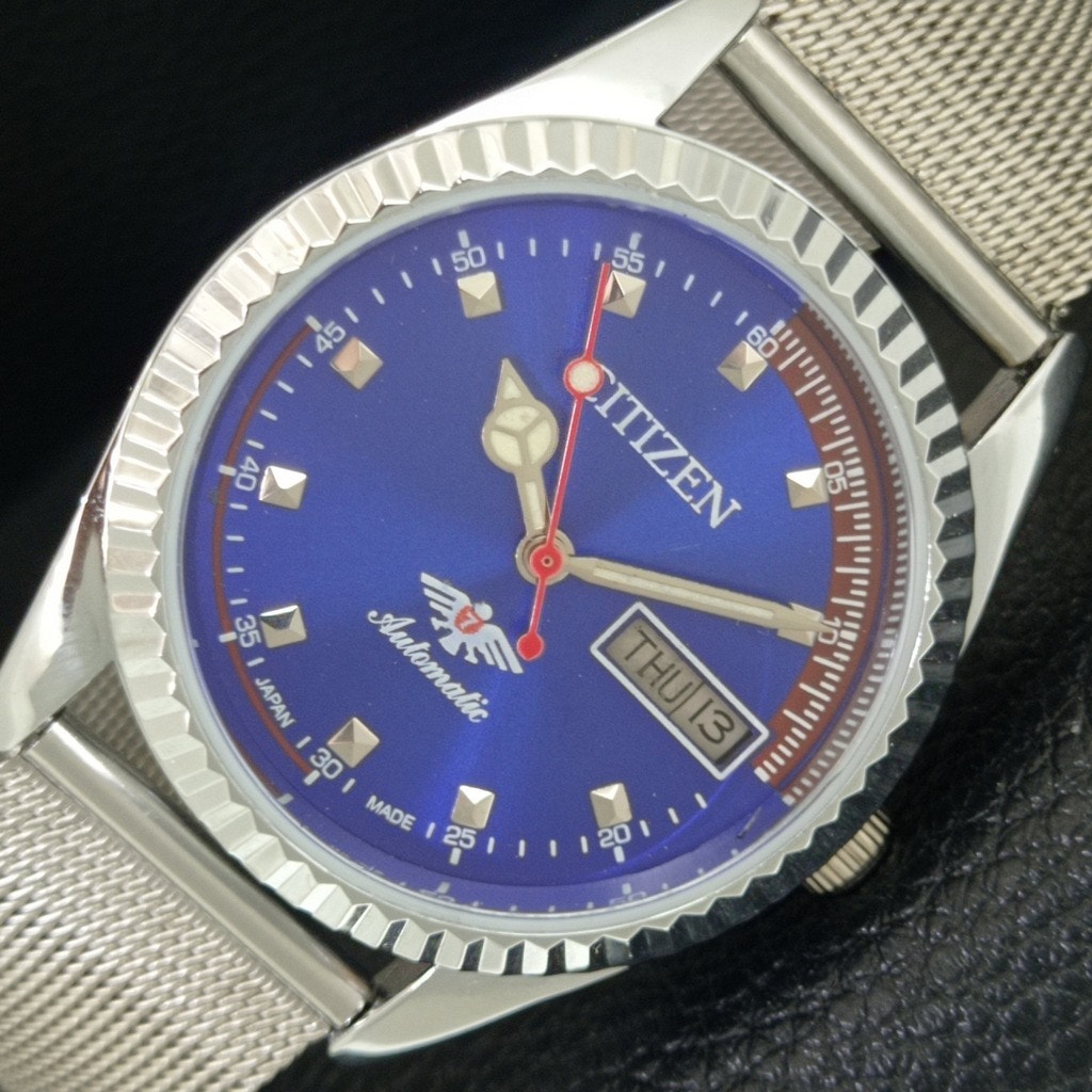 Vintage 1970 Citizen Automatic Mens Silver Watch WDaydate  Blue Accents